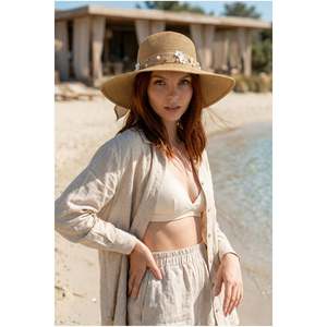 Sombrero de Paja Color Camel para Mujer con Cinta y Perlas HSR2071 - Camel8 - Product Image 3