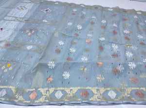 Magnifique Deshi Dhakai Jamdani Sharee Qualité Export pour Femme JAMDANI TISSU Bleu VERT Doré Bleu Ciel du Bangladesh - Product Image 5