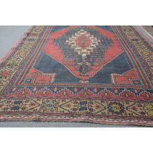 Turkish Vintage <b>Wool</b> Rug 5.1x9.5 ft (156x290 Cm) Patchwork <b>Red</b> Blue Plants & Trees Design with Latex Backing - Product Image 3