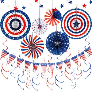 Набор патриотических украшений в день памяти, принадлежности для вечеринок, подвесные бумажные вееры, вымпел с флагом звездной полосы на День независимости
