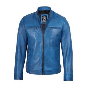 This is a <b>men's</b> distressed Blue leather <b>jacket</b> with Real Leather <b>Men's</b> Cafe <b>Racer</b> Style Blue <b>Jacket</b> - Product Image 1