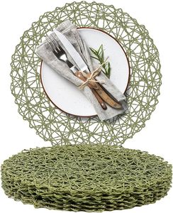 Table à manger ronde et extérieure en papier tressé, table ronde verte résistante à la chaleur, antidérapante naturelle, faite à la main, aspect royal - Product Image 1
