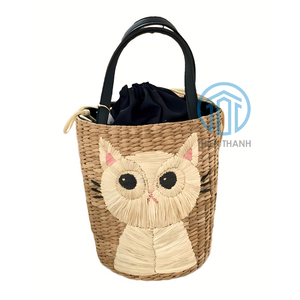 Mignon animal brodé thème collection jonc de mer blanc chat seau unique femmes sacs à main pour été voyage plage à la main - Product Image 1