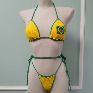 Maillot de bain bikini sexy personnalisable pour femme, sans bretelles, en coton, motif drapeau brésilien au crochet, bonnets ajustables, patchwork, taille XS, source directe - Product Image 2