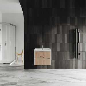Mueble de baño suspendido Cannes de 60 cm, de roble dorado acanalado, con lavabo - Product Image 1