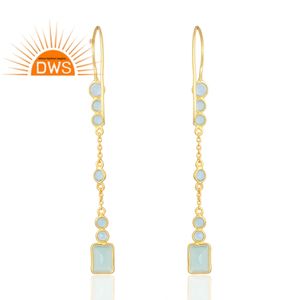 Dernière vente en laiton plaqué or 18 carats Aqua calcédoine pierre précieuse balancent boucle d'oreille Demi bijoux fins pour les femmes cadeau pour elle - Product Image 2