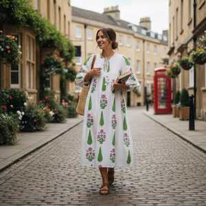 Robe midi à imprimé à la main, robe en coton bohème à fleurs, style d'été confortable pour femmes - Product Image 6