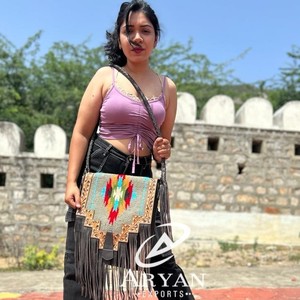 Nouveau sac à main de couverture selle élégant occidental véritable fabriqué à la main aztèque Multi couleur cuir repoussé sangle perlée gland sacs à bandoulière - Product Image 1