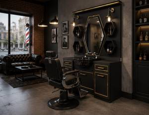 Mueble Moderno de Madera Negra para Salón de Barbería con Lavabo, Espejo Octogonal Doble y Estantes de Almacenamiento, Mobiliario Comercial - Product Image 5