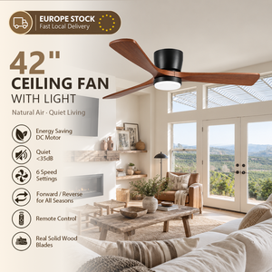 Ventilateur de plafond en bois massif avec lumière, télécommande, 42 pouces, profil bas, montage encastré, moteur DC, application, réversible, silencieux, stock Europe - Product Image 1