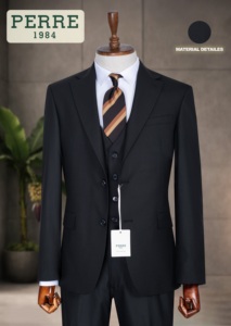PERRE Men's Brown Double Breasted Business <b>Suit</b> Mandarin Collar Regular Fit Plus Size Anti-Wrinkle Anti-Static Worsted All-year - Product Image 3