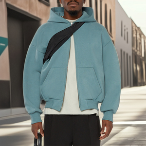Sweat-shirts à capuche pour hommes en molleton bouclette double couche, zippés, coupe courte, épaules tombantes, grammage lourd, coupe oversize et carrée, 100% coton, personnalisables par broderie - Product Image 1