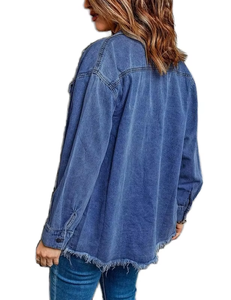 Chaqueta de Moda Urbana para Mujer, Estilo Informal, con Botones en la Parte Delantera, Manga Larga de Mezclilla, Dobladillo Deshilachado, Bolsillo en el Pecho, Ajuste Holgado - Product Image 2
