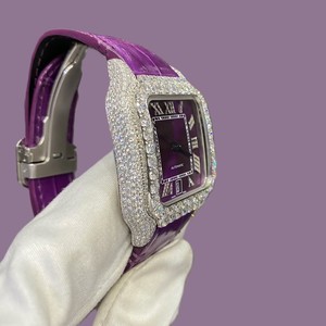 Montre Miyota de luxe de qualité supérieure, entièrement sertie de diamants naturels VVS, cadran violet, bracelet en caoutchouc violet, style hip-hop. - Product Image 3
