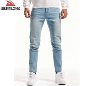 Pantalon en denim élastique taille moyenne pour hommes, en toile douce au toucher, coupe droite, respirant, décontracté, coupe régulière, plat devant, personnalisable - Product Image 4