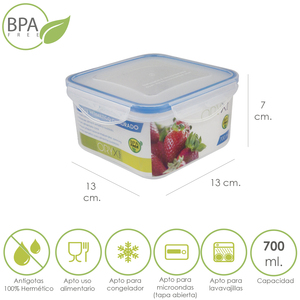 Contenitore Ermetico Quadrato in Plastica da 700 ml 13x13x7 (Alt.) cm. - Product Image 1