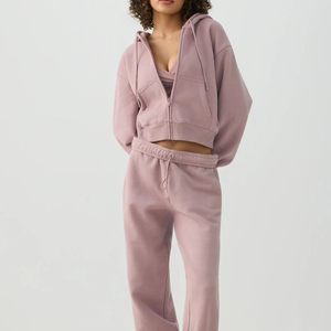 New <b>Women</b> Solid Hooded Zip Front Crop Top Sweatpants Set 2 Piece <b>Jogger</b> Tracksuit Loose Fit Full Length <b>Fleece</b> Casual All Season - Product Image 2