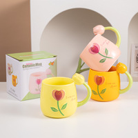 Mug Kopi Keramik Motif Tulip Baru Gagang Bunga Multi Warna Cangkir Berkualitas Tinggi