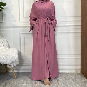 Solid Color Plaid Modest Design <b>Women's</b> Long Sleeve Abaya New Arrival Dubai Arabic Style with <b>Belt</b> Waist Latest - Product Image 3
