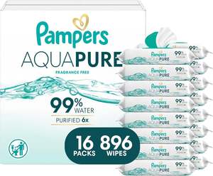 Lingettes pour bébé Pampers Aqua Pure, 99% d'eau, sans parfum, 896 lingettes pour bébé au total (16 paquets à ouverture facile) [L'emballage peut varier] - Product Image 1