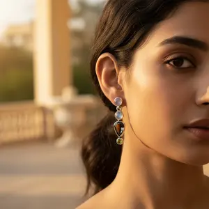 Boucles d'oreilles pendantes en argent 925 avec pierre de lune et péridot pour femmes - Product Image 3