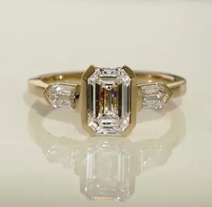 Emerald Cut Lab Grown Diamond Ring Three Stone Engagement Ring 2.20 CTW Emerald Cut Bezel Set Wedding Ring 14k Yellow Gold VS1