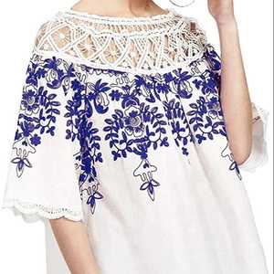 เสื้อคลุมชายหาดผู้หญิง,เดรสสั้นปักลายลูกไม้สีน้ำเงินเสื้อชิ้นเดียว - Product Image 3