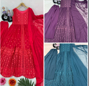 เสื้อแฟนซีสีชมพูแดงสไตล์บอลลีวูดสูงเสื้อตัดแฟนซีพร้อมชุดสูท Palazzo fuax georgette - Product Image 4