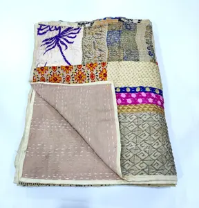 印度丝绸纱丽拼布毯波西米亚被子Kantha被子手工床上用品扔毯床罩绗缝Kantha