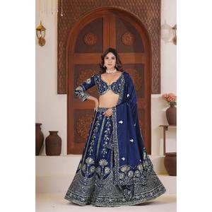Lehenga Choli para Mujer, Azul Marino y Blanco Marfil, Reversible, Informal, para Bodas y Fiestas, con Bordado Intrincado y Lentejuelas, en Seda Chinon - Product Image 1