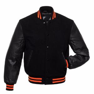 Haute qualité noir pure laine Varsity Letterman Bomber manches en cuir véritable CollegeBaseballjacket pour hommes livraison DDP - Product Image 1