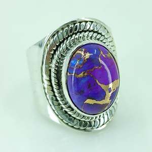 Bague artisanale bohème en argent sterling 925 avec incrustation de turquoise cuivrée violette, plaqué or 18 carats, cadeau idéal pour elle, pierre de naissance de décembre, forme ovale - Product Image 2
