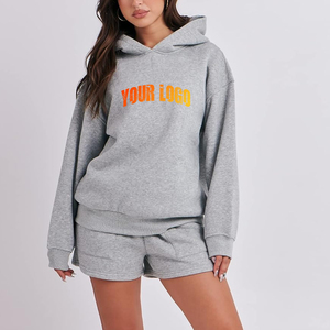 OEM/ODM 100% Cotton Women's 2-Piece Hoodie & Short <b>Set</b> Custom Embroidered Solid Logo Streetwear Hip Hop Tracksuit Regular Fit - Product Image 1