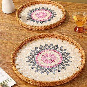 Organizador de mesa decorativo, juego de bandeja de servicio MOP de ratán, bandejas de concha de Capiz de mosaico de alta calidad - Product Image 2