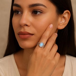 Rainbow <b>Moonstone</b> <b>Ring</b> Sterling Silver Oval 10x14mm Boho Gemstone <b>Ring</b> June Birthstone <b>Ring</b> Dainty Handmade Jewelry Gift - Product Image 5