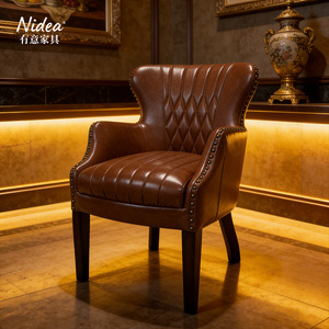 Sillón <span class=keywords><strong>de</strong></span> Cuero Marrón <span class=keywords><strong>de</strong></span> Lujo con Respaldo Alto, Diseño Clásico Acolchado en Diamantes y Adornos <span class=keywords><strong>de</strong></span> Tachuelas para Hotel y Comedor - Product Image 3