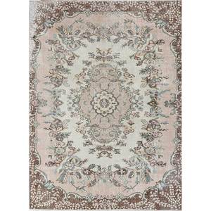 Tapis en laine noué à la main beige-brun vintage pour la maison - Idéal pour salon, couloir, entrée, chambre d'adolescent - Motif médaillon rectangulaire en puzzle - Product Image 1