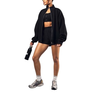 Sweat à capuche oversize personnalisé à col montant en polyester et coton, à épaules tombantes, zippé, style bomber oversize pour femme - Product Image 1