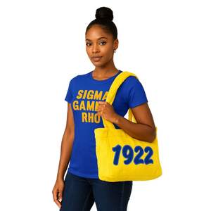 Sigma Gamma Rho SGR sac fourre-tout en fourrure de sororité or avec lettres brodées bleu royal 1922 sac à main en peluche cadeau de sororité de la vie grecque - Product Image 1