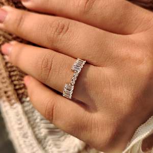 Half Eternity Emerald Cut Channel Set Diamond Stackable Wedding Band VS Clarity EF Color Geometric Pattern Rhodium Plated Gift - Product Image 3