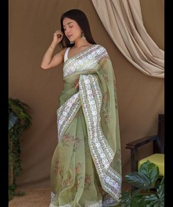 Bollywood Weeding Wear Broderie avec Saree Katan en soie douce et chemisier non cousu Les femmes indiennes portent des vêtements de couleur dorée - Product Image 3