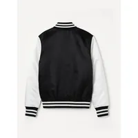 Veste universitaire en satin noir et blanc avec bordure rayée, vente en gros