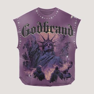 Camiseta 100% algodón para hombre, corte holgado, estampada, 240GSM, mezcla de algodón, color morado, sin mangas, estilo vintage, con pedrería, estampado DTG. - Product Image 3