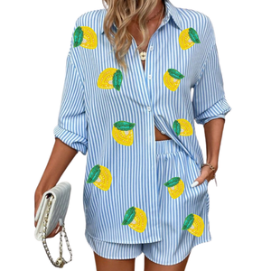 Nouvel arrivage de tissu de doublure Ensembles de 2 pièces en coton avec logo personnalisé Chemise à manches longues décontractée d'été pour femmes - Product Image 4