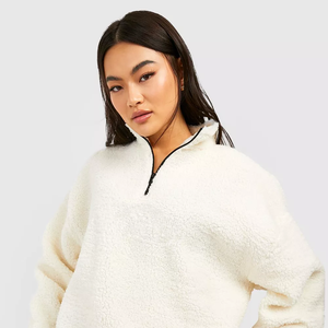 Women's Long Sleeve Quarter Zip Running Sweatshirt Stand Collar Polyester <b>Fleece</b> Embroidered Washed Technique Warm Hoodie - Product Image 2