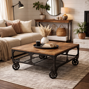 Table basse vintage industrielle moderne en bois et fer sur roulettes, élément de luxe pour la maison ou la villa, meubles de salle à manger et de salon - Product Image 1