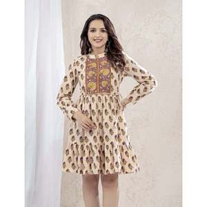 Robe longue beige mauve imprimée Butti en coton, taille XL, respirante et décontractée, idéale pour les fêtes et occasions formelles, avec taille élastique - Product Image 1