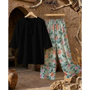Ensemble coordonné basique 2 pièces MUZANG pour femme en crêpe de lin pur respirant, manches trois-quarts décontractées pour le printemps/été - Product Image 1