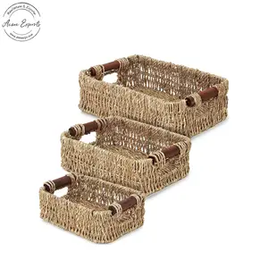 Factory Wholesale Set of 3 Rectangle Brown Seagrass Woven Storage Basket with Wooden Handles for Table Top Stationery Organizer