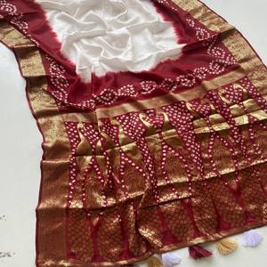VASTRA COTTAGE Pure Viscose Dola Silk Saree with Tie Dye Bandhani All Over Aari Mirror Work and Rich Gold Zari Woven Pallu - Product Image 3